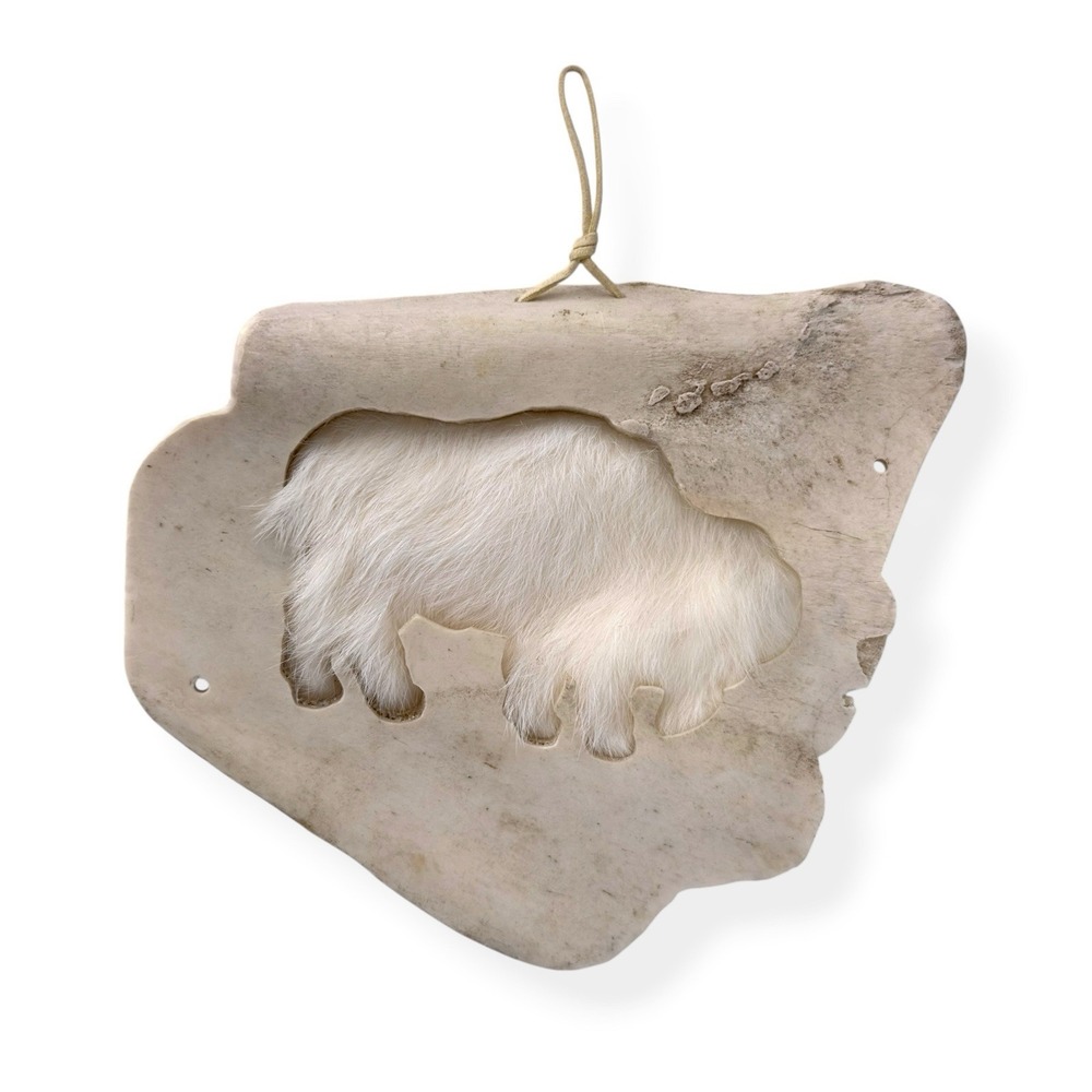 VTG Carved Bison Bone Scapula Wall Hanging w/ Real Fur Cutout Silhouette SIGNED